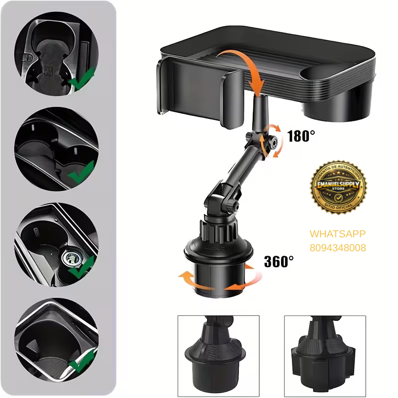 🚗 Bandeja Multifuncional para Portavasos de Coche (360° Ajustable)