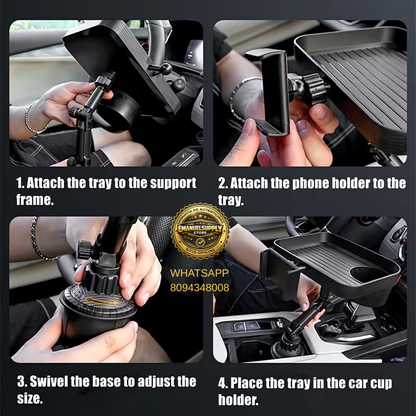 🚗 Bandeja Multifuncional para Portavasos de Coche (360° Ajustable)